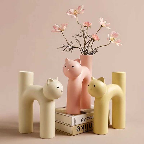 Vases Tube Shaped Cat Resin Vase Creative Cute Modern Minimalist Home Decoration Flower Vase z241212