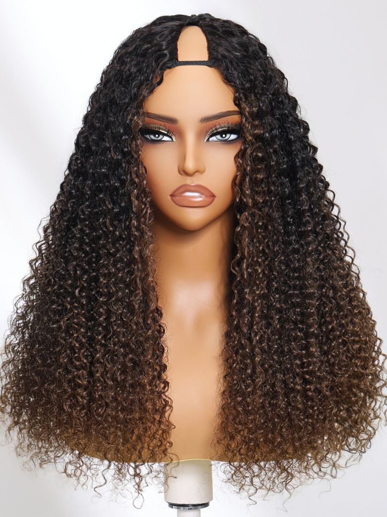 UNice EasiContourâ¢ V Part Black to Chestnut Brown Jerry Curly Drawstring Wig 150% Destiny Protect Your Natural Hair