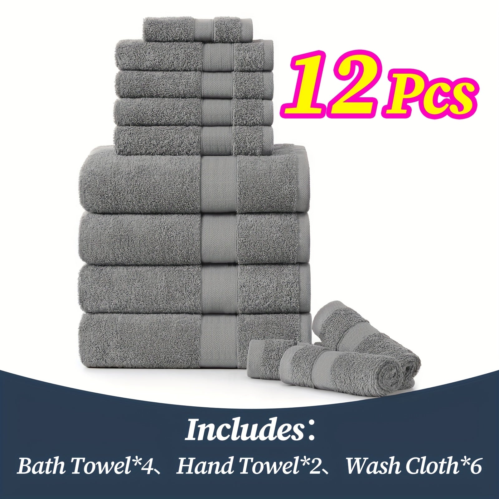 TEMU Towels Set - 12pcs, 100% Cotton, 0 Twist, Super Soft & Absorbent, Includes 4 Bath Towels, 6 Hand Towels, 2 Washcloths -