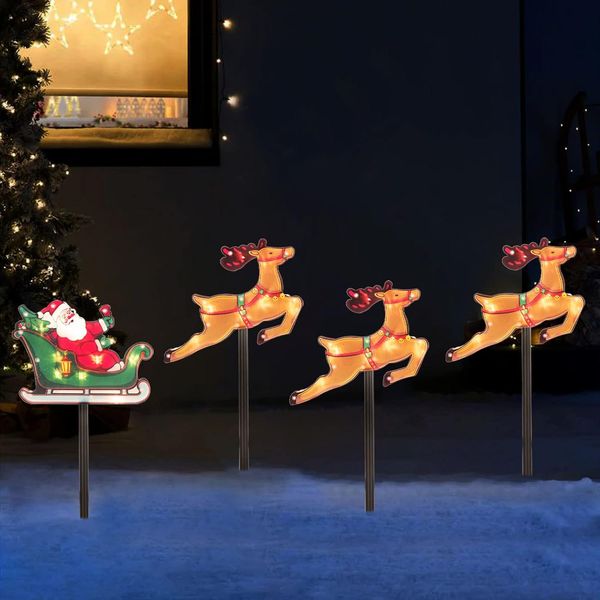 Silhouette Pathway Lights Set of 4 Battery Powered Pre-Lit 30 LEDs Double Sided Christmas Reindeer Sled Vintage Holiday Outdoor Display Deco