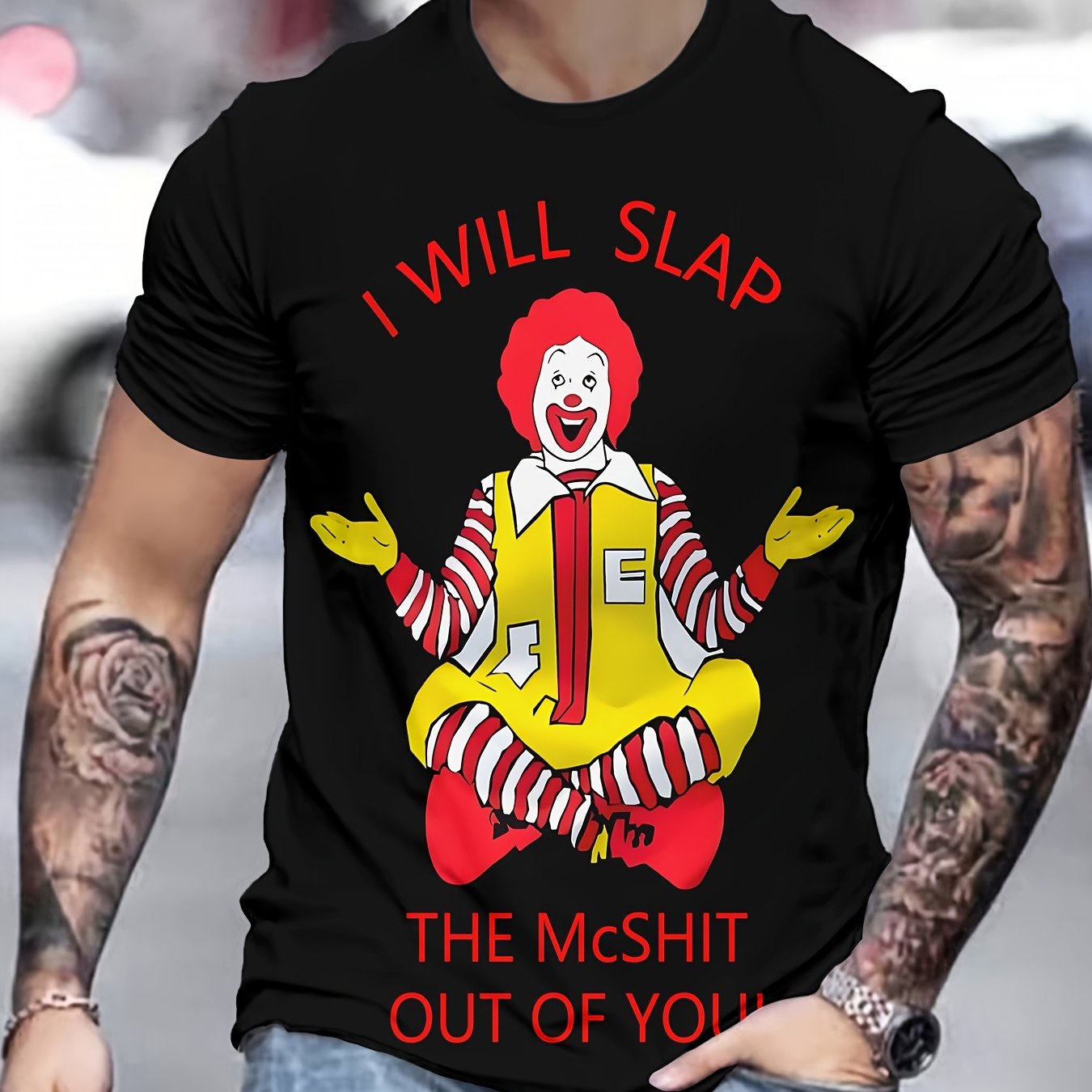 TEMU Men's Funny Novelty T-shirt - "i Will Slap The Mist You!" Red Text & Clown Graphic - Black Casual Shirt For Parties, Casual Attire - Machine