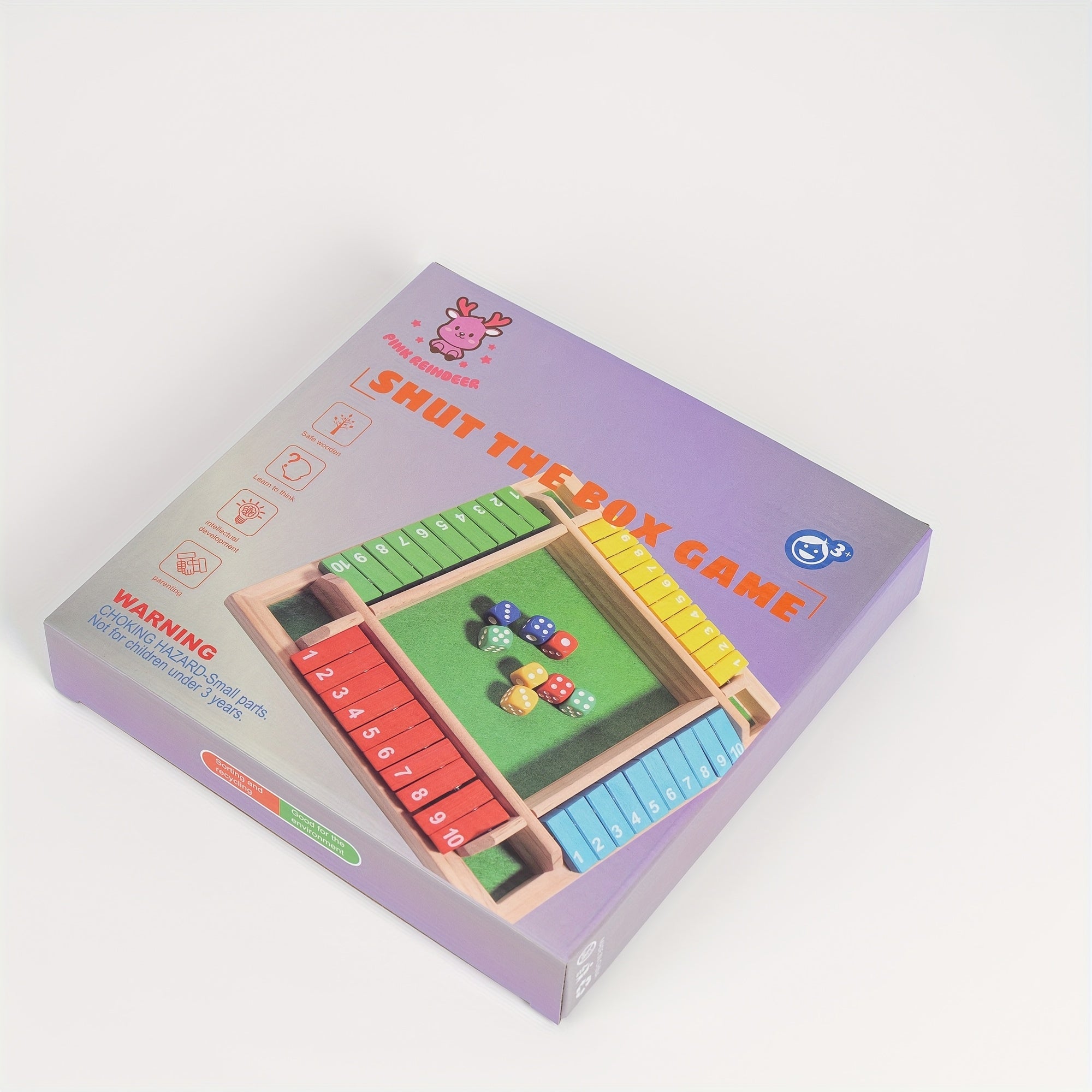 TEMU Pink Reindeer Wooden Board Game For 2-4 People - 4 Sided Board, 8 Dice, Includes Rules - Fun Addition Game For Kids And Adults