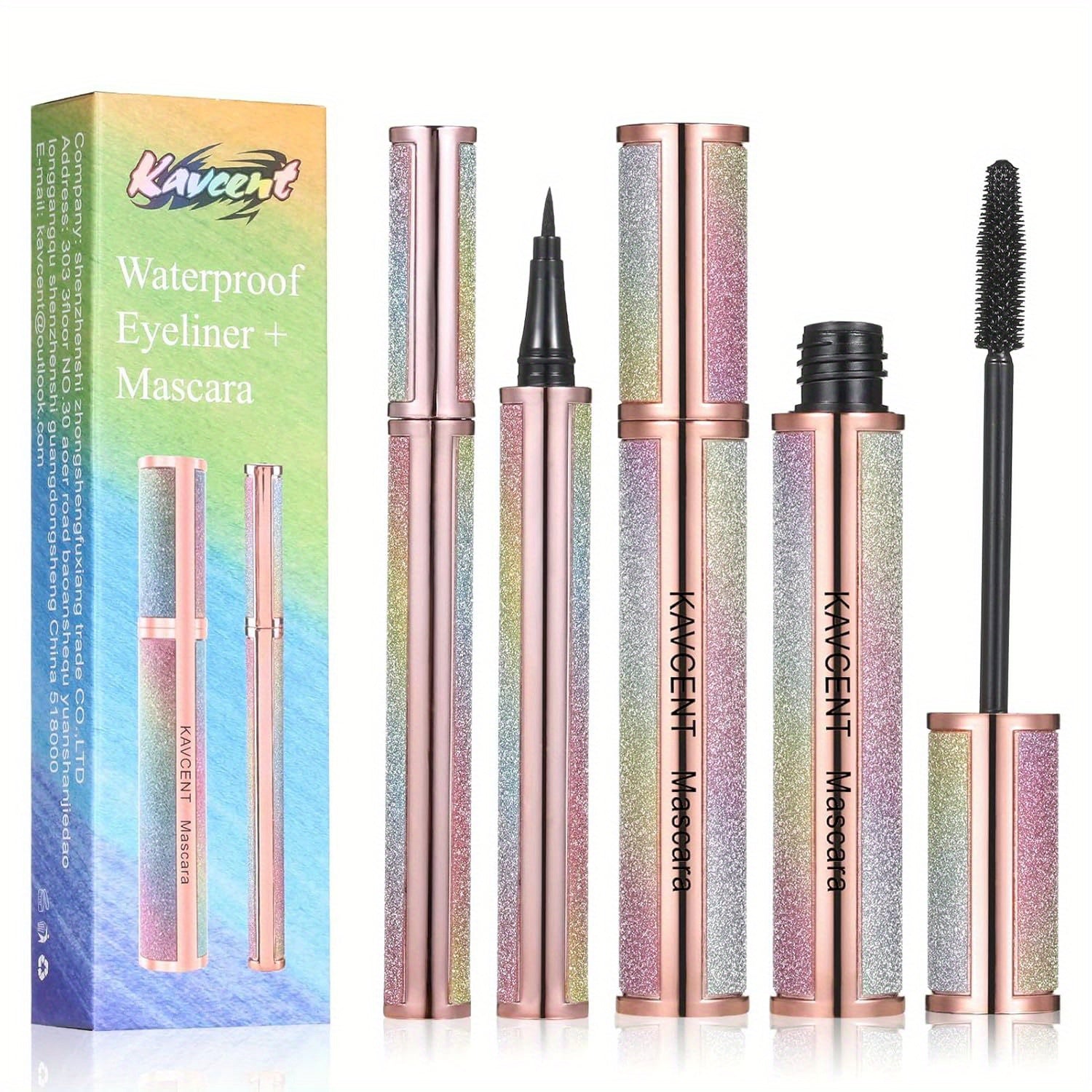 TEMU 4d Fiber Lash Mascara Liquid Eyeliner Set Waterproof Black Long Lasting Lengthening Thickening Eyelashes Smudge- Proof 4d Mascara