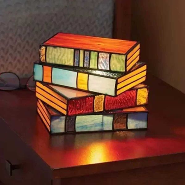 Stained Glass Stacked Books Lamp Night Light Table Desk Reading Book Light Nightstand Desk Lamps Handicraft Stacked BooksC250108
