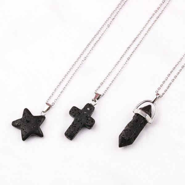 Cross Star Hexagonal Prism Black Lava Stone Necklace Aromatherapy Essential Oil Perfume Diffuser Pendant Necklace Women men Jewelry