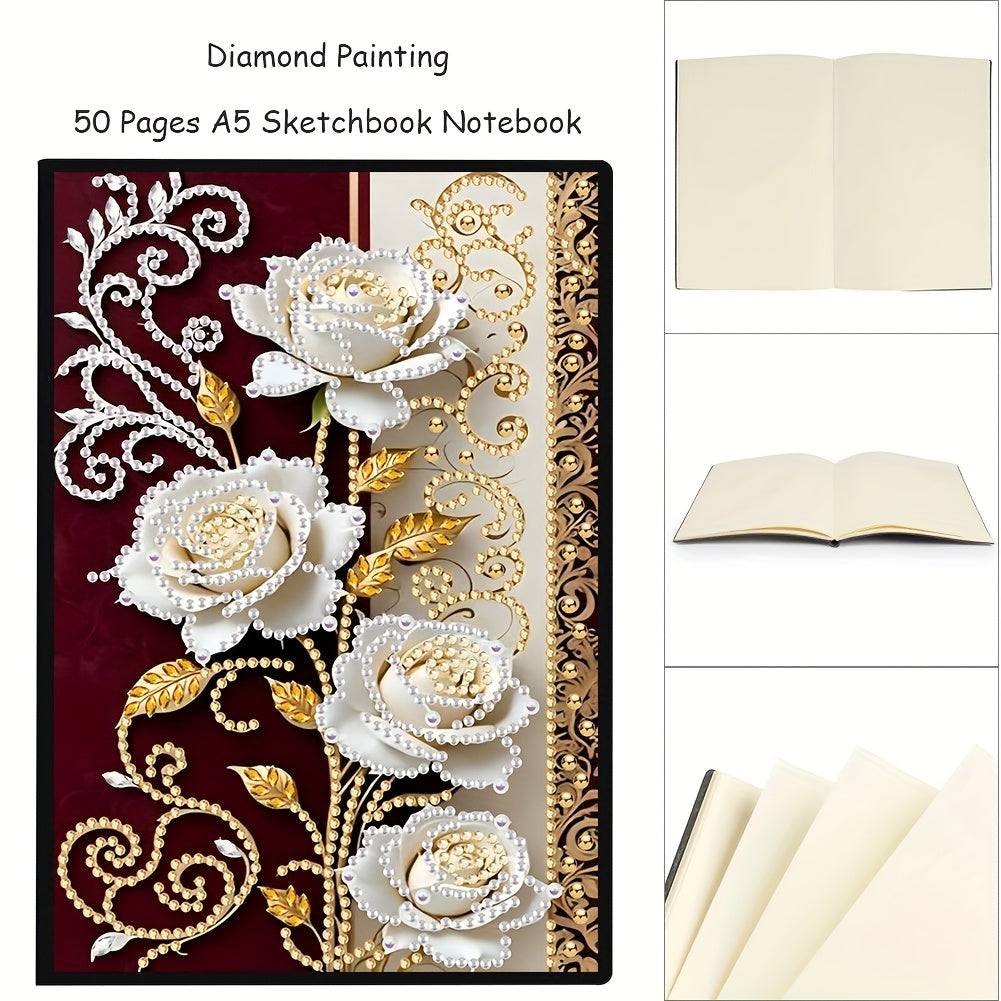 TEMU 2d-flat Diamond Painting Mosaic Golden Branches Jade Roses: Romantic Leather Women's Diamond Painting Journal Notebook Sketchbook Kit, Leather