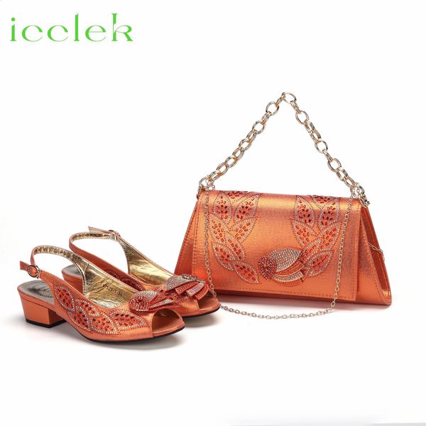 Orange 806 Sandals Women For Wedding Pumps Low Heels Rhinestone Design Party Shoes And Bags Set 240125 728
