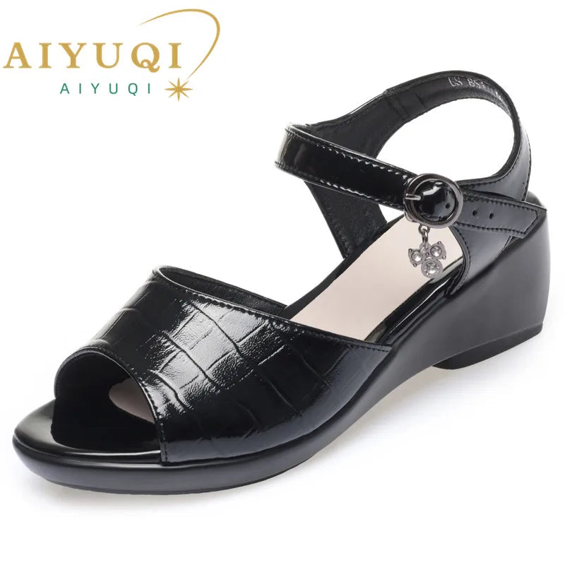 AIYUQI Women Sandals Summer Genuine Leather Sandals Ladies Non-slip Large Size Wedge Mother Sandals