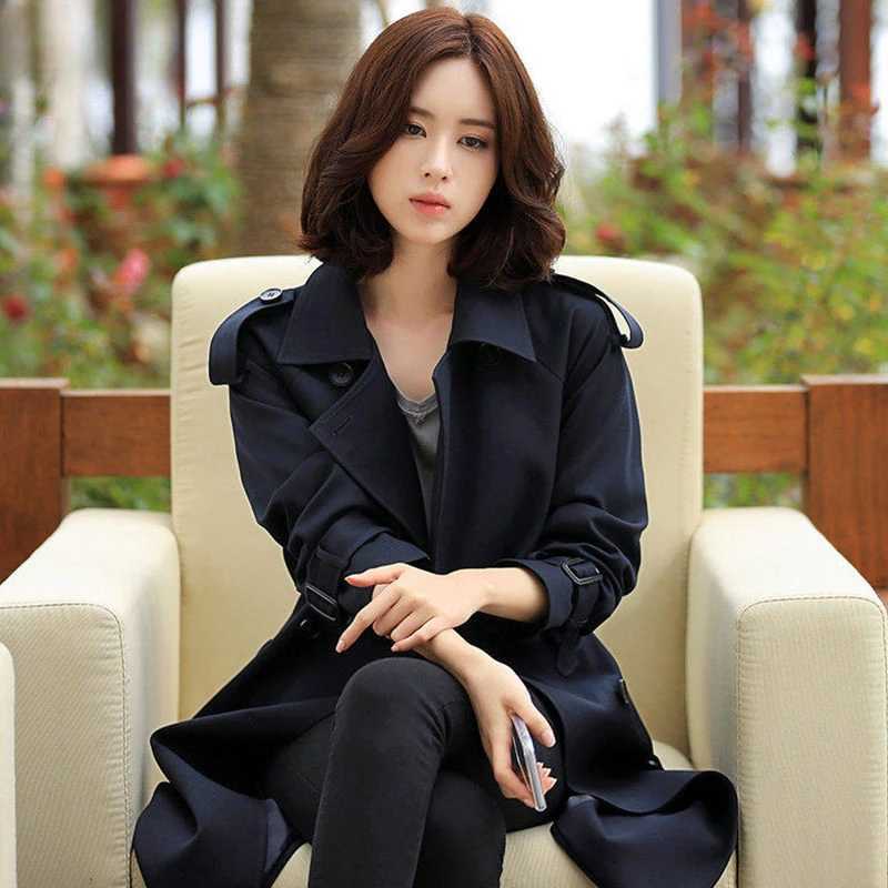 Navy Blue England Style Womens Windbreaker Baggy Mid Long Trench Coat 2024 Spring Autumn New in Outerwears with Belt JacketsX240921