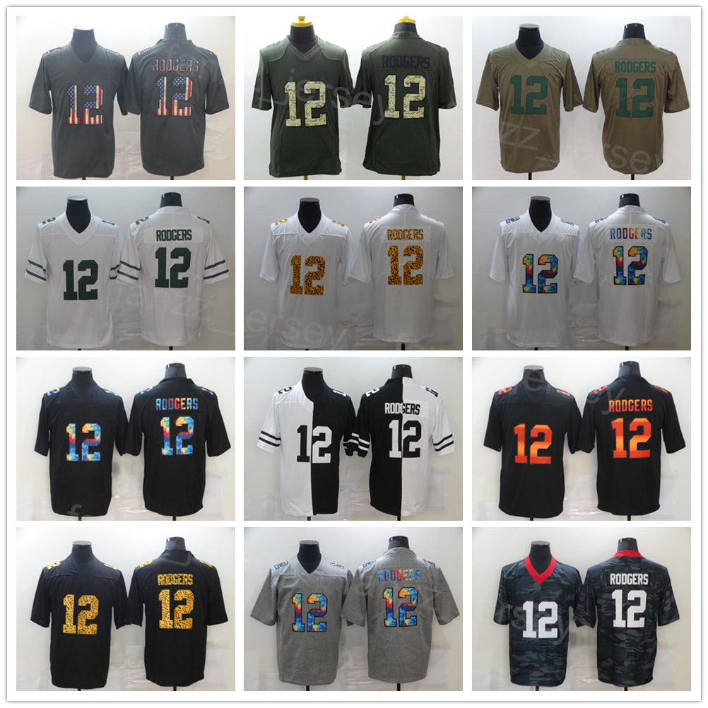 Men 12 Aaron Rodgers Football Jerseys Leopard Grain Rainbow Smoke Drift Hemp Grey Hyphenation Goddess Vapor Color Rush Army Green Salute to Service