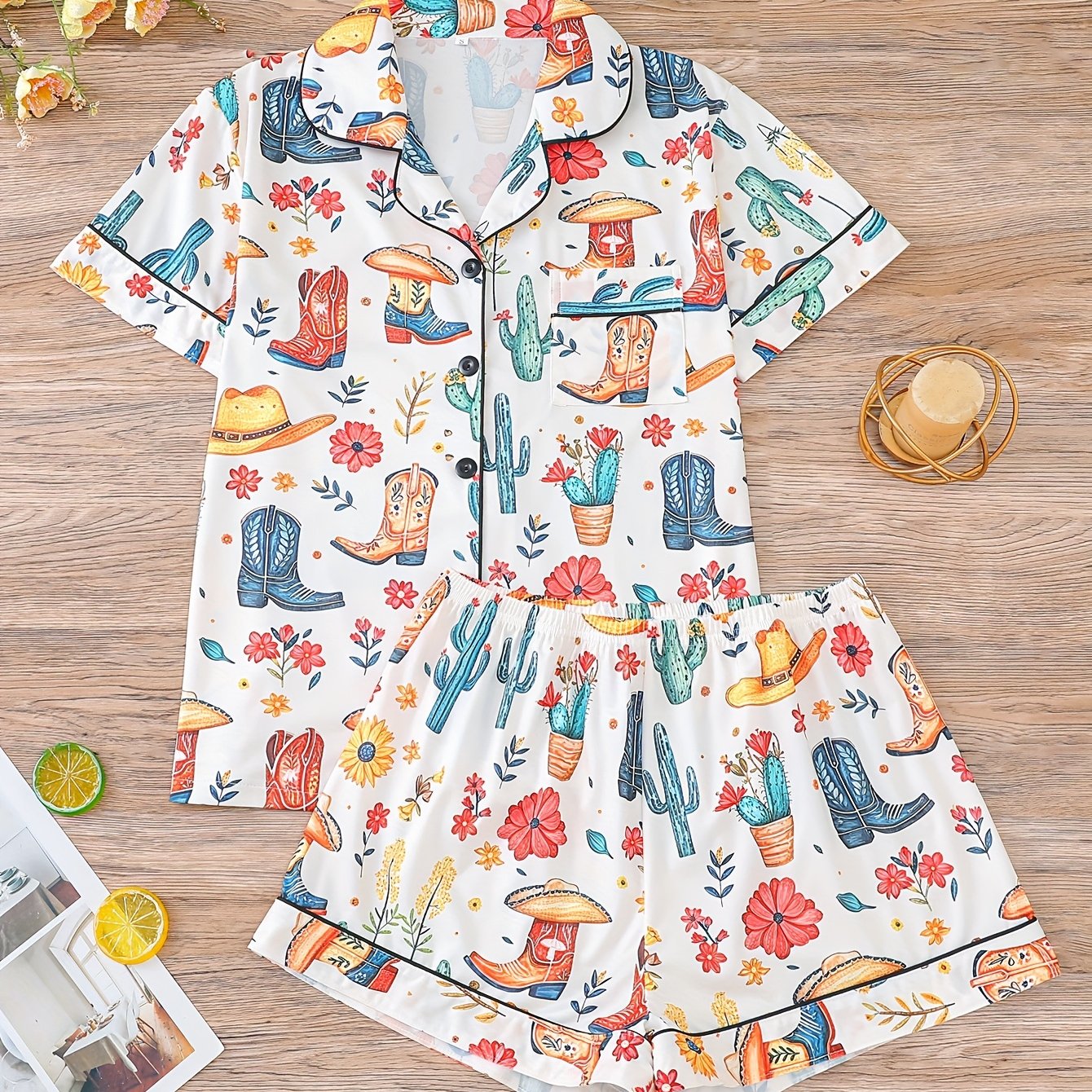 TEMU 2pcs Denim Style Printed Women's Sleepwear Set - Turquoise Short Sleeved Button Up Shirt, And Elastic Waisted Shorts, Casual And Comfortable