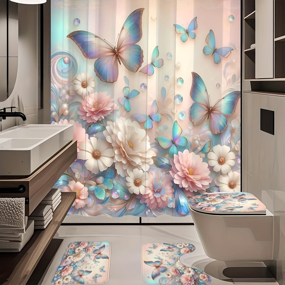 TEMU 1-4pcs Flower Pattern Shower Curtain, Shower Curtain Set High Quality Polyester Shower Curtain With 12 Hooks, Anti Slip Carpet, Toilet U-shaped