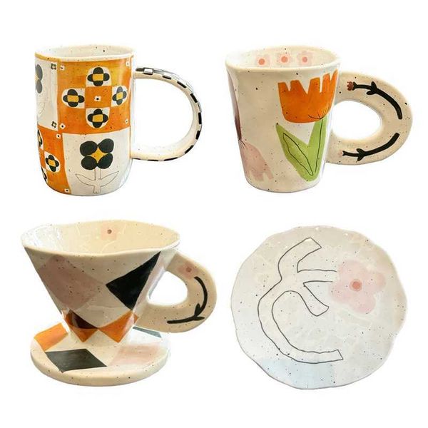 Ink splatter art cup hand held irregular ceramic cup coffee funnel hand-painted ceramic coffee cup breakfast milk cup sauce cup Y240102