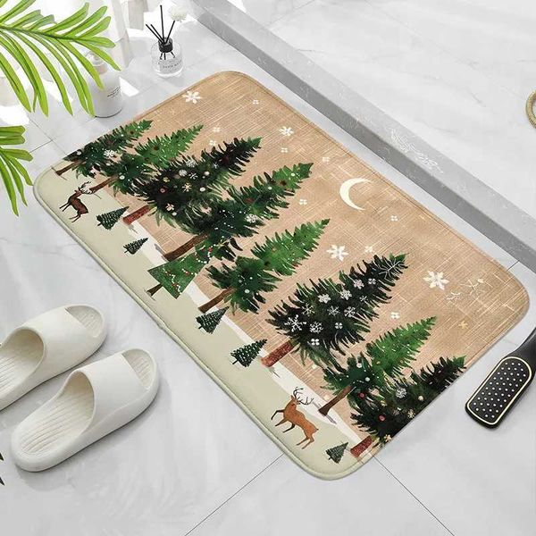 Padrão de árvore de Natal Mat de bem -vindo a porta - Máquina lavável absorvente Matlering Roomkitchenholidayiday DecorationCarpetc241105