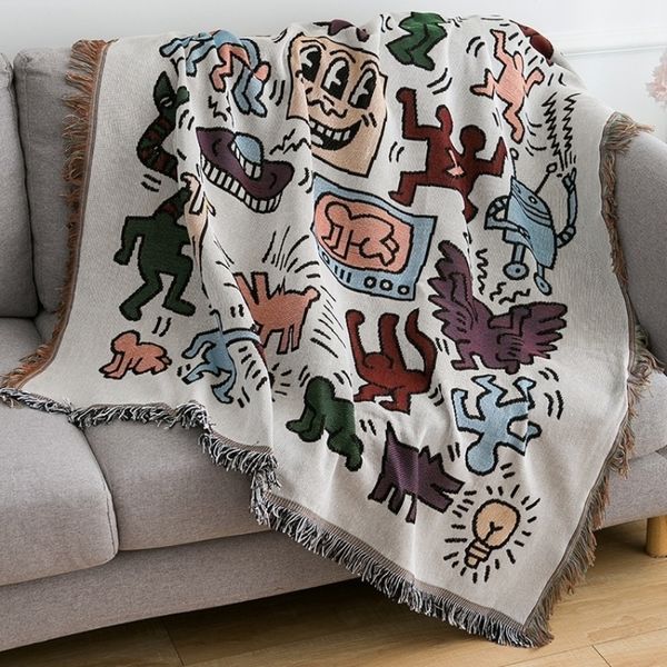 FMOVE designer blanket Textile City Ins Jigsaw Puzzle Throw Blanket Jacquard Weave Graffiti Home Decorative Tassels Tapestry Outdoor Camping