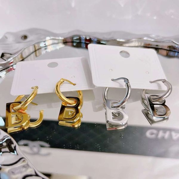 Stud High polished Luxury branded designer B Chain hoops stud 316L Stainless Steel 18k Gold silver women girls letter earrings wedding summe