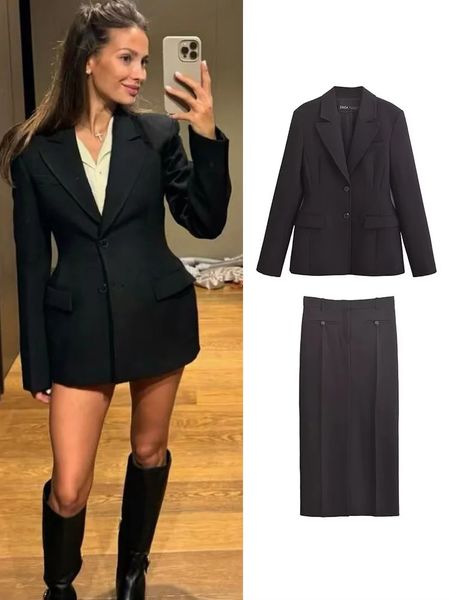 TRAF Autumn Women Solid Blazer Skirt Suit Elegant Office Lady Notched Single Breasted Coat Straight Tube Skirts Set Outfits 241120