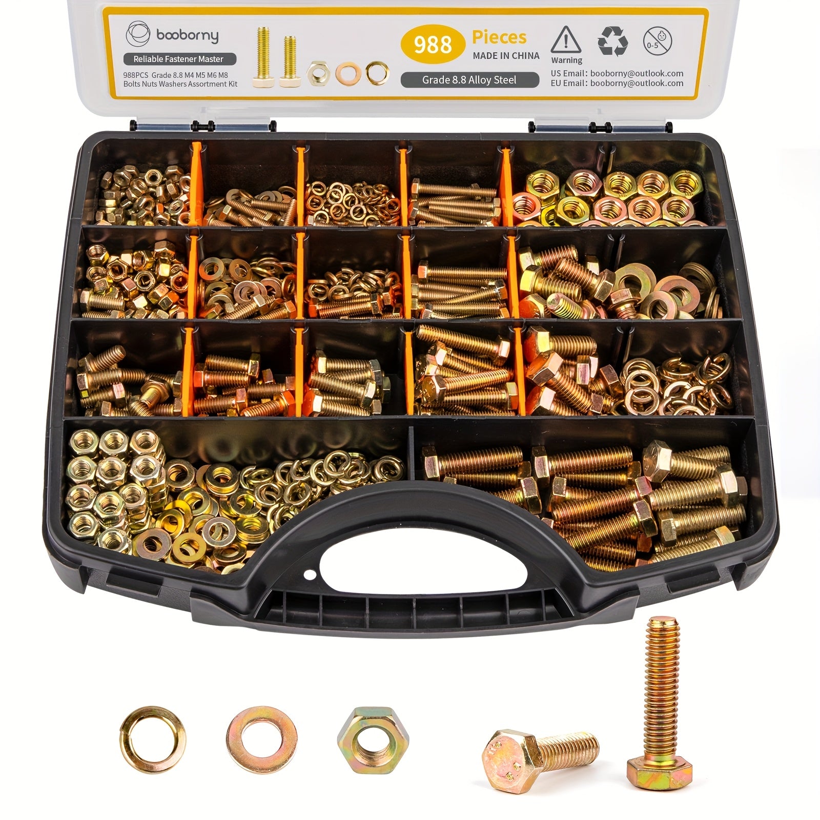 TEMU Booborny Heavy Duty Hex Bolt Kit, 988pcs Metric Bolts & Nuts With Washers & Box, Yellow