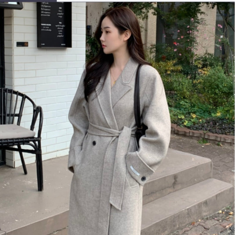 Korean Chic Style Herringbone Suit Collar LaceUp MidLength Woolen Coat Autumn Winter New Woolen Overcoat for Women 241202