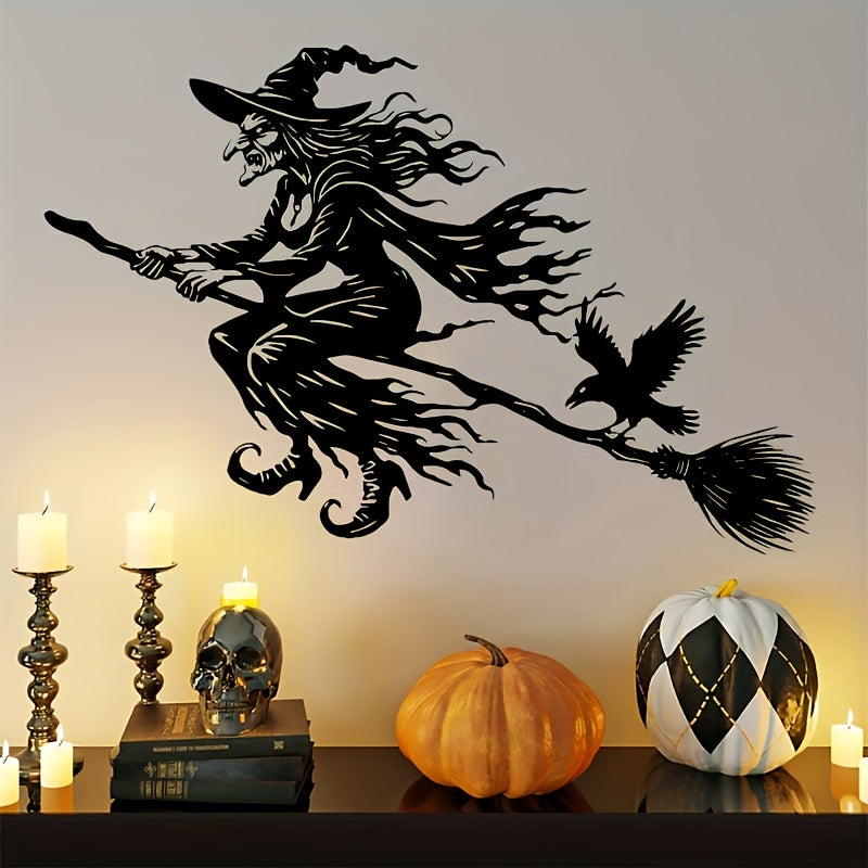 TEMU 1pc Halloween Metal Wall Art - On Broomstick Silhouette With Bats & Design, 15.75" Iron Wall Sculpture For Indoor Halloween Decor, Spooky