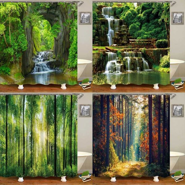 Modern 3D printing forest shower curtains green plant landscape with hooks bathroom curtains for bathroom waterproofing scenes W240808