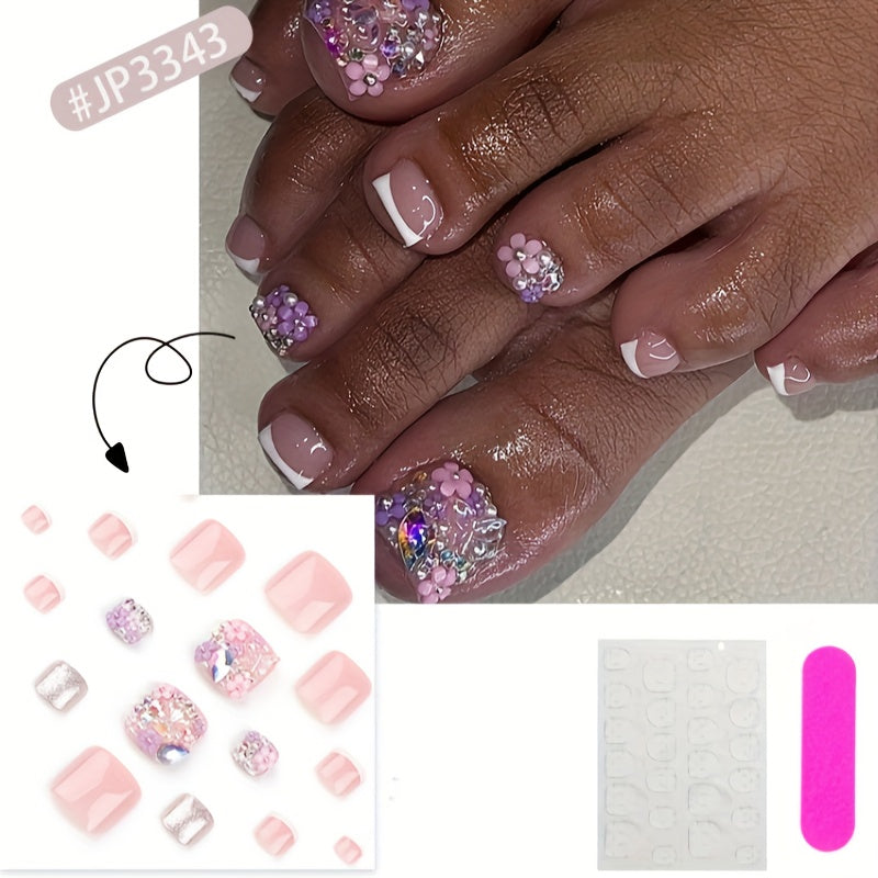 TEMU 24pcs Toe Nails With 3d Flowers, Press-on Fake Nails, Oval Short Length, Glossy Finish, Mixed Color, Beauty & Personal Care, Foot, Hand & Nail