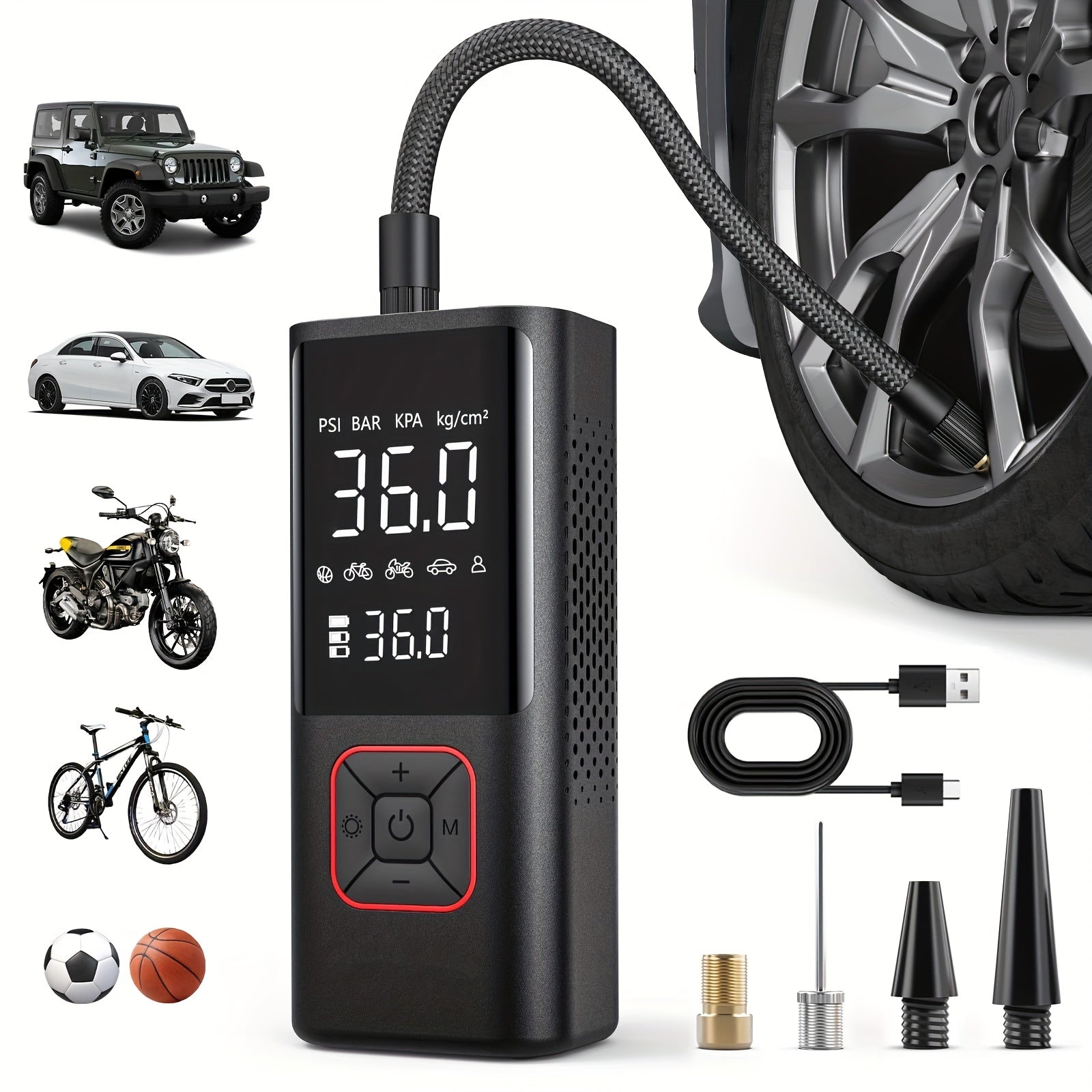 TEMU Portable Tire Inflator Air Compressor - 150 Psi Fast Inflation With Digital Display & Led Lighting, Usb Rechargeable For Cars, Bikes,