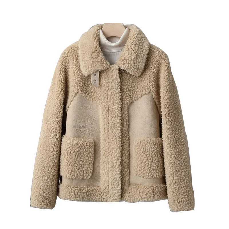 Winter Short Lambswool Coat Women 2023 New Fashion Granular Shearling Jacket Turndown Collar Pocket Zipper Outerwear FemaleX241018