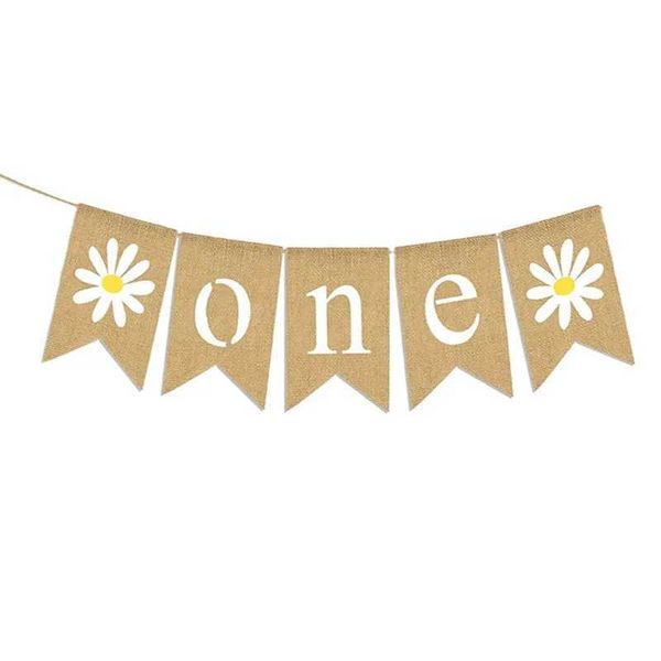 Banners Streamers Confetti 1PC Baby Shower Jute Daisy ONE Garland First Girl Birthday White Flower Highchair Banner 1ST Party Burlap Flag De