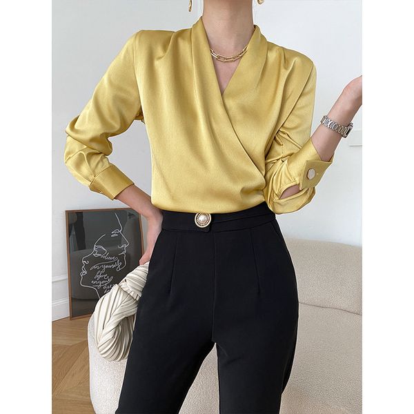 Women&#039;s Blouses & Shirts Celmia Women&#039;s Elegant Satin Silk 2022 Autumn Twisted Collar Long Sleeves Fashion Office Solid Color Tops