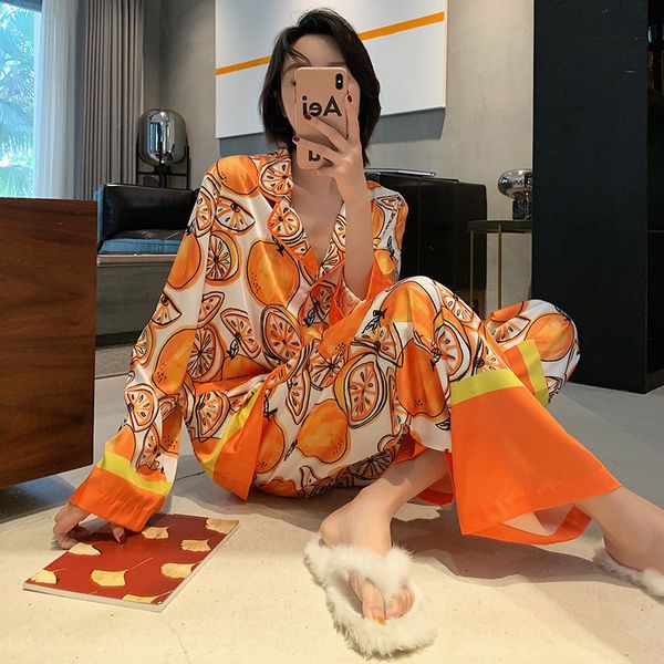 Women&#039;s Sleepwear Women&#039;s Orange Print Pajama Set Satin Silk Sleepwear Long Pants Two Piece Suit Spring Summer Lingerie Homewear f