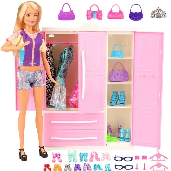 Barbies 31 Items-Set Dollhouse Furniture=1*Wardrobe+30*Doll Accessories Doll Clothes Dresses Crowns Necklace Shoes For Barbie