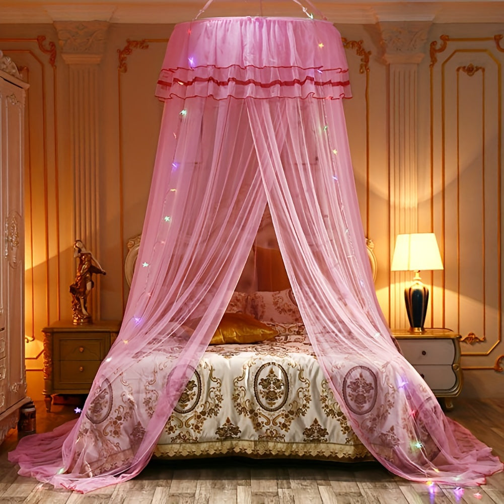 TEMU Extra Large Bed Canopy With Led - Elegant Four-poster Canopy Bed Frame, Soft & Clear Mesh Drapes, Lace Curtains - Princess Bedroom Decor For