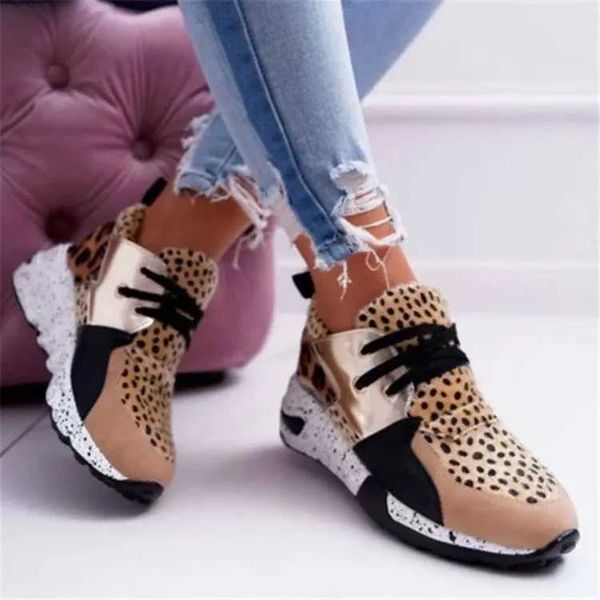 Casual Shoes New Spring Leopard Print Womens Lace Anti slip Running Shoes Plus Size Round Head Platform Leather Boots Patos Mujer J250118
