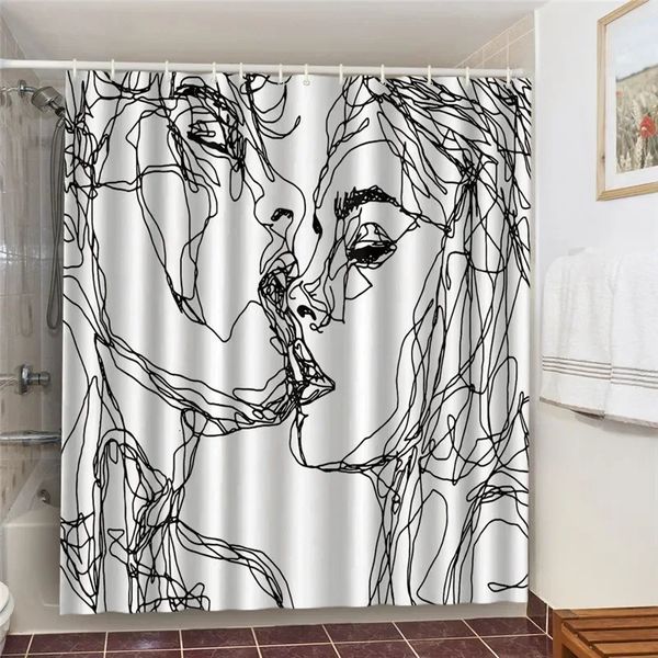 Sketch Kissing Lovers Waterproof Bathroom Set With Shower Curtains Black And White Home Decoration Wall Screen Bath 3D Curtains 250207