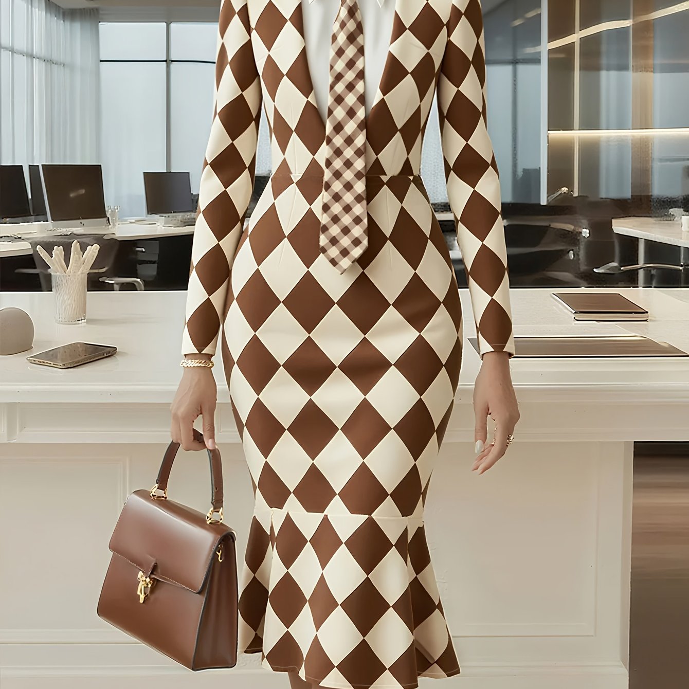 TEMU Women's Elegant Dress - Formal Business Attire With Button-front Blouse, Brown & Beige, Fit For Fall-winter, Professional & Evening Events, ,