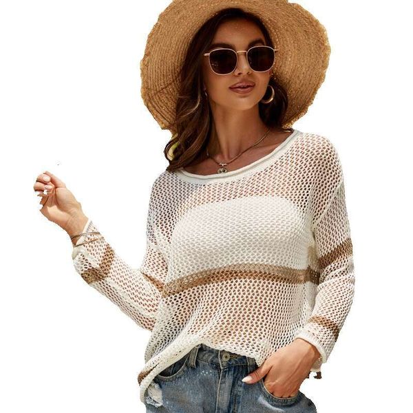 2024 Spring-Summer Outerwear Thin Long Sleeve Top Loose and Versatile Round Neck Striped Hollow Knitted Shirt