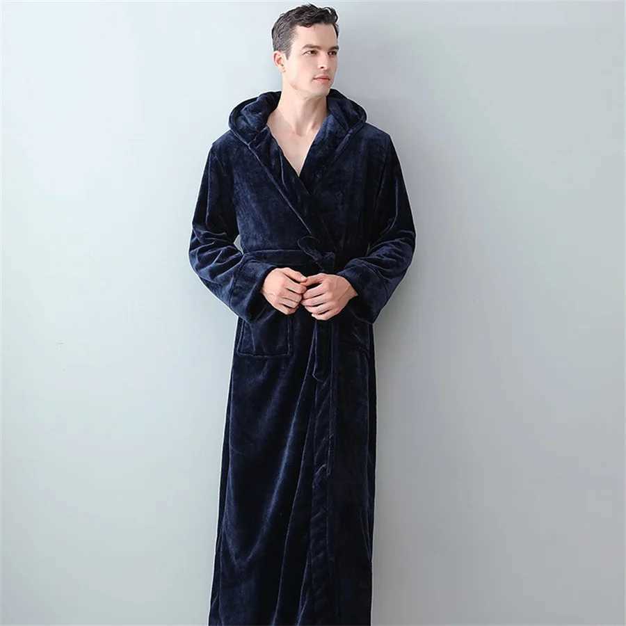 Mens Winter Bathrobe Hooded Robes Long Sleepwear Warm Plush ShawlShower Robe Night Gown Homewear Pajama Man Clothes for Sleep Y240919