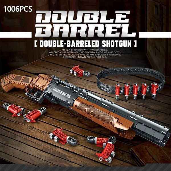 1006PCS Double Barrel Shotgun Weapon Model Building Blocks Military Classic Gun With Bullet Belt Bricks Toy Kids Christmas GiftsC250117