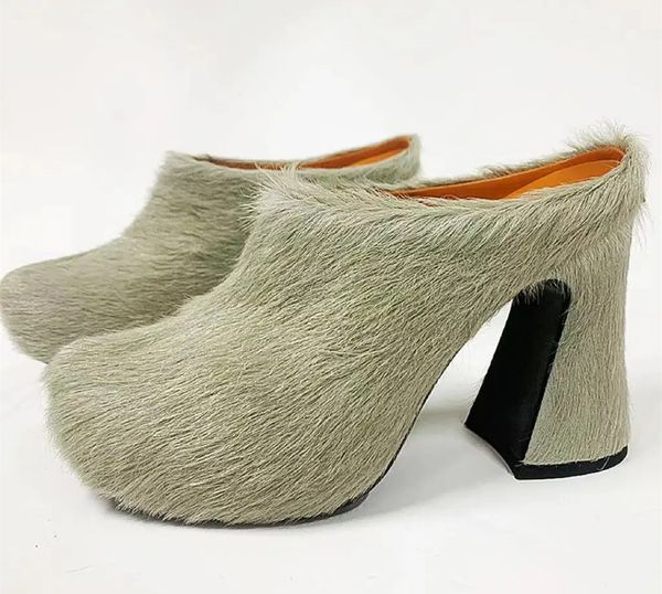 chunky Style high heel Ladies New leather 2024 sandals Pine cake thick bottom slipper horsehair round toes Platform Europe and America Candy