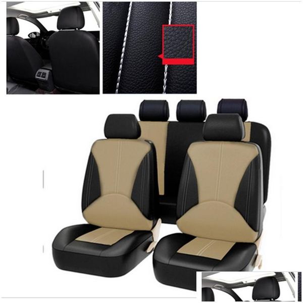 Car Seat Covers 9Pcs Pu Leather Er Fl Set Front Rear Cushion Mat Protector Black Beige Drop Delivery Mobiles Motorcycles Interior Acce Dh25R