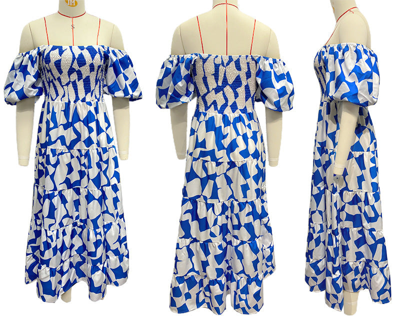 (181) Summer new style temperament one-shoulder printed puffy skirt bubble sleeve dress for women