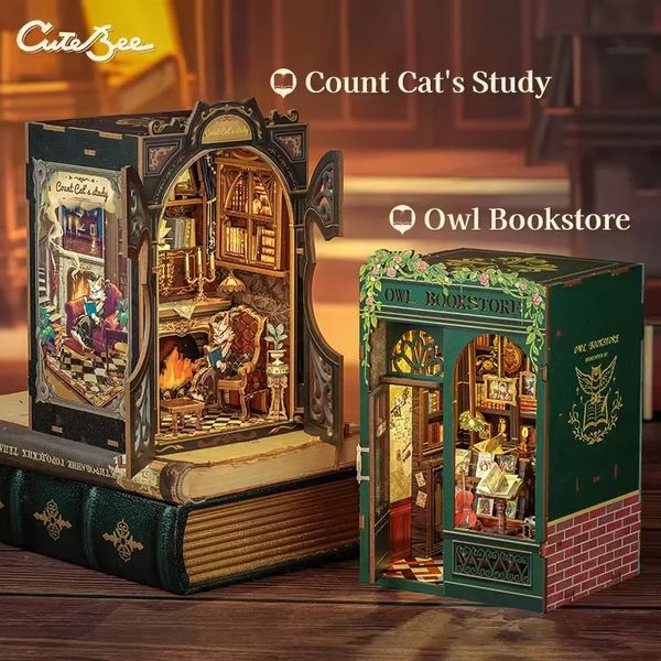 CUTEBEE DIY Book Nook Kit Mini Wooden Dollhouse with Light Bookshelf Insert 3D Puzzle Decoration Model Suitable for Bookstore Series 250110