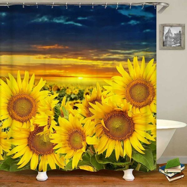 Sunflower Fresh Flowers Pattern Shower Curtain Bathroom Waterproof 3d Printing Bath Curtain With Hooks 180*180cm Polyester Cloth Y240815