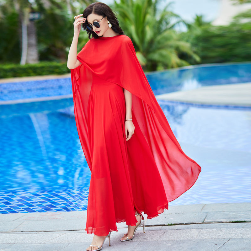 150 cape chiffon dress summer new large size bohemian sun protection beach dress big swing long skirt fairy