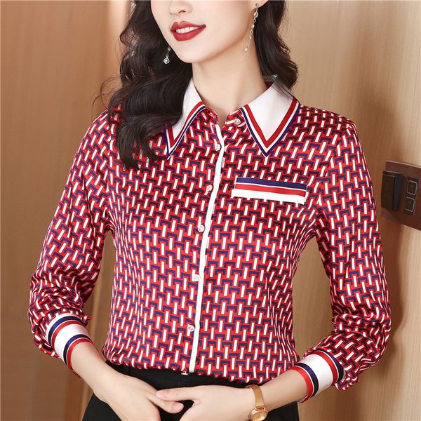 Checkered Red Designer Silk Shirts Women Long Sleeve Fashion Lapel Button Down Blouses Business Casual Plus Size Elegant Ladies Office Cloth