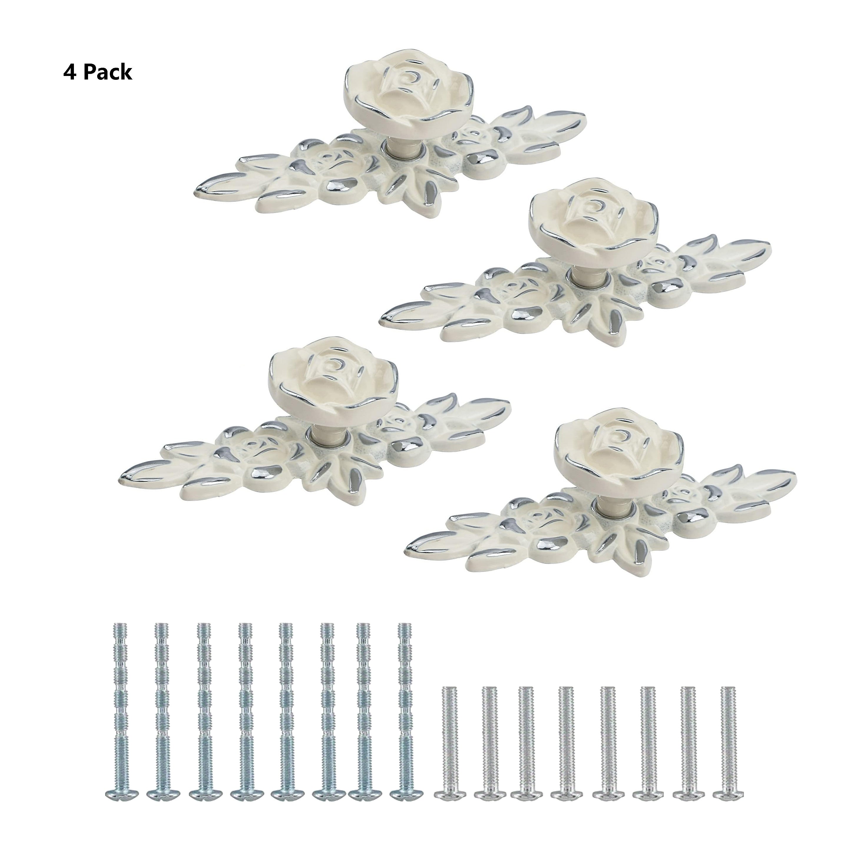 TEMU Elegant 4pcs Euro Rose Cabinet Knobs With Silvery Accents - Alloy Drawer Pulls For Dressers & Wardrobes, Includes Mounting Screws, Backplate,