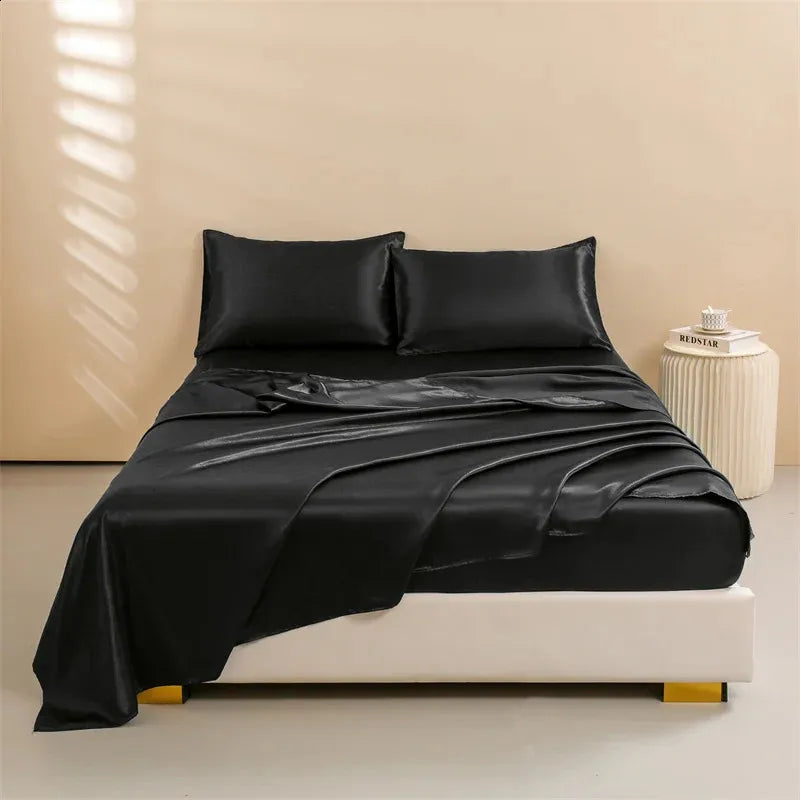 Satin Bed Sheets Queen Size Sheets Set 4 Pcs Silky Bedding Set 1 Deep Pocket Fitted Sheet 1 Flat Sheet 2 Pillowcases 240829