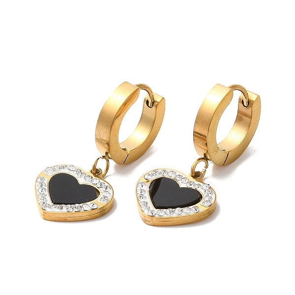 Boucles d'oreilles pendantes coeur acrylique noir avec strass