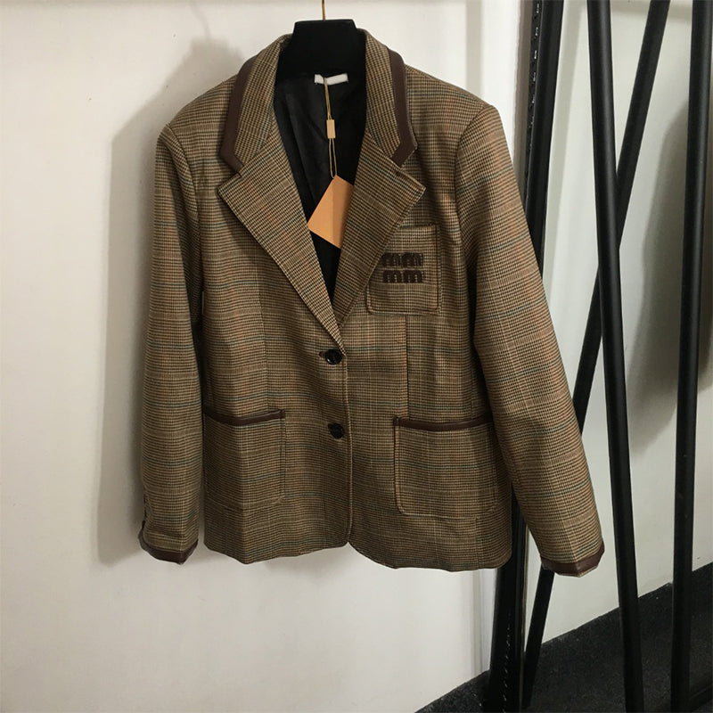 Womens Suits Thousand bird grid long sleeved suit Blazer jacket short skirt with belt Logo embroidery sticker